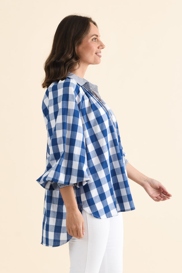Stephens Navy Check Cotton Shirt,brunette model,Side of Outfit,alt text|model:MJ image 3