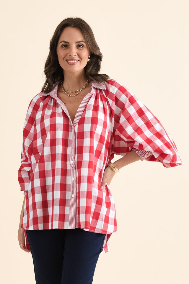Stephens Red Check Cotton Shirt,brunette model,Front of Outfit,alt text|model:MJ