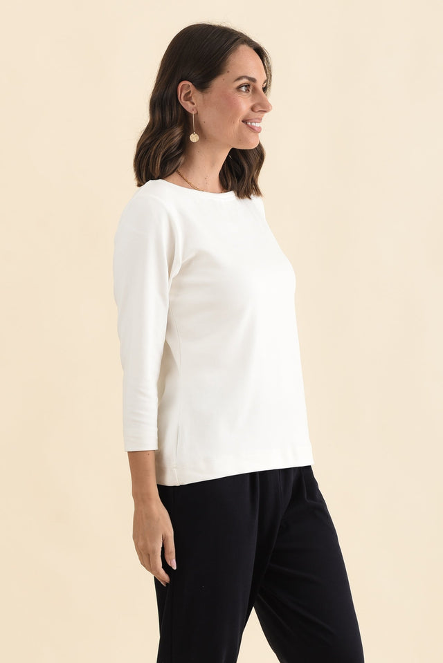 SuedeLuxe White 3/4 Sleeve Top,Brunette model,alt text|model:MJ image 3