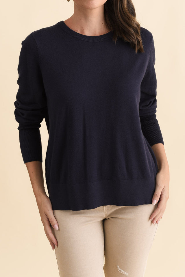Sunny Navy Long Sleeve Knit Top,Brunette model,alt text|model:MJ image 7