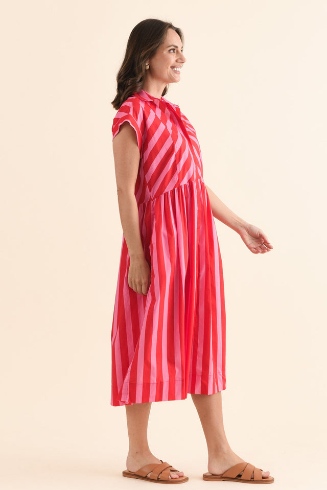 Susan Pink Stripe Cotton Collared Dress,Side,Brunette model,alt text|model:MJ image 3
