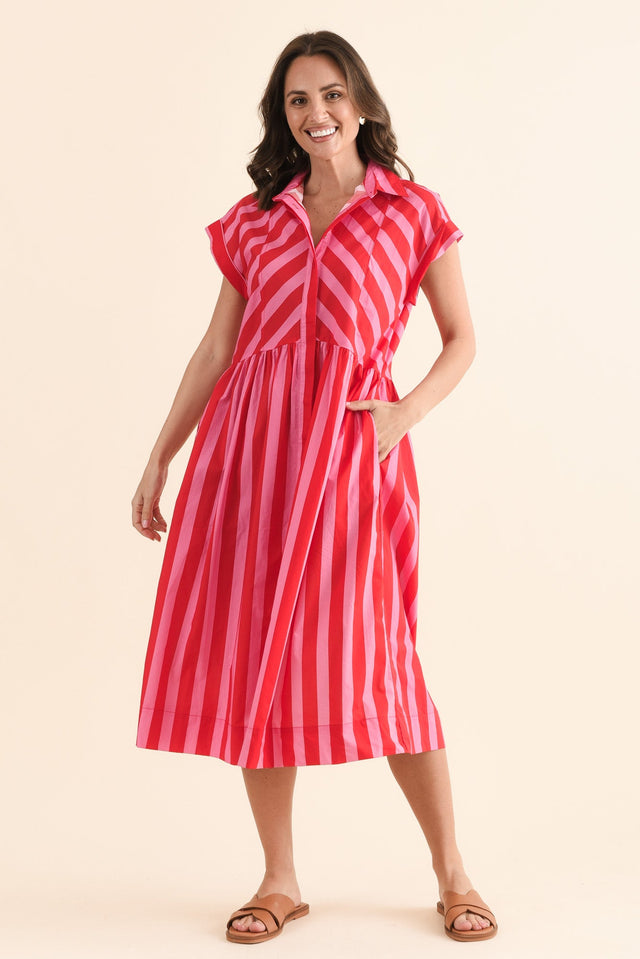 Susan Pink Stripe Cotton Collared Dress,Front,Brunette model,alt text|model:MJ