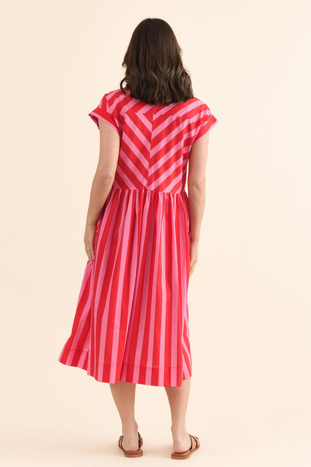 Susan Pink Stripe Cotton Collared Dress,Back,Brunette model,alt text|model:MJ image 4