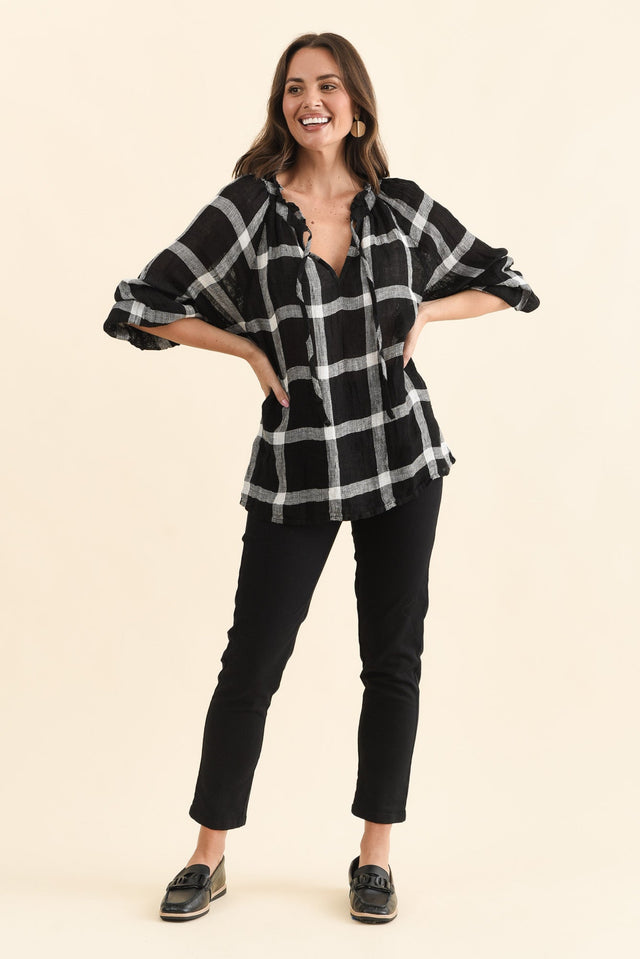 Sussana Black Check Linen Tie Top,Full Body,Brunette model,alt text|model:MJ image 6