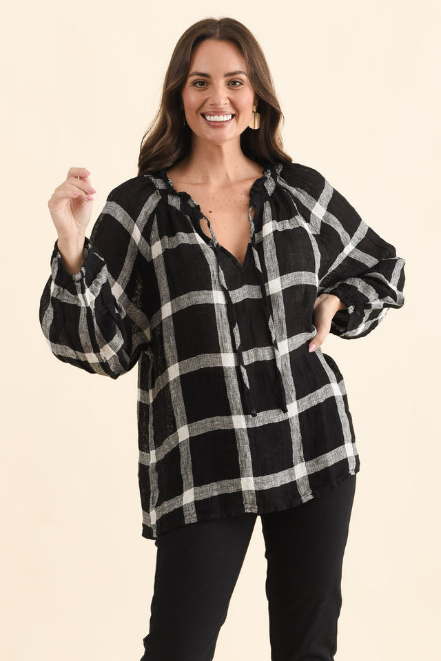 Sussana Black Check Linen Tie Top,Front,Brunette model,alt text|model:MJ