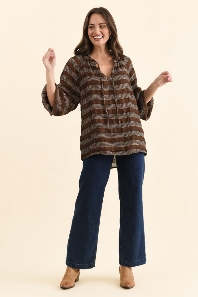 Sussana Bronze Stripe Linen Tie Top,Full Body,Brunette model,alt text|model:MJ image 6
