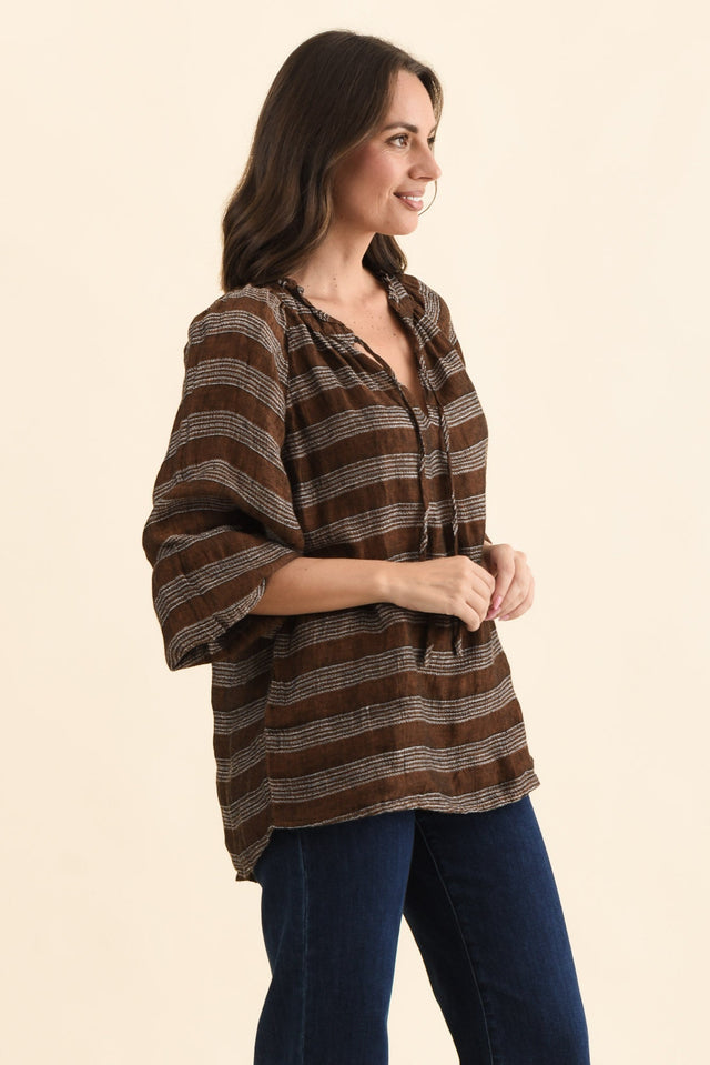 Sussana Bronze Stripe Linen Tie Top,Side,Brunette model,alt text|model:MJ image 3