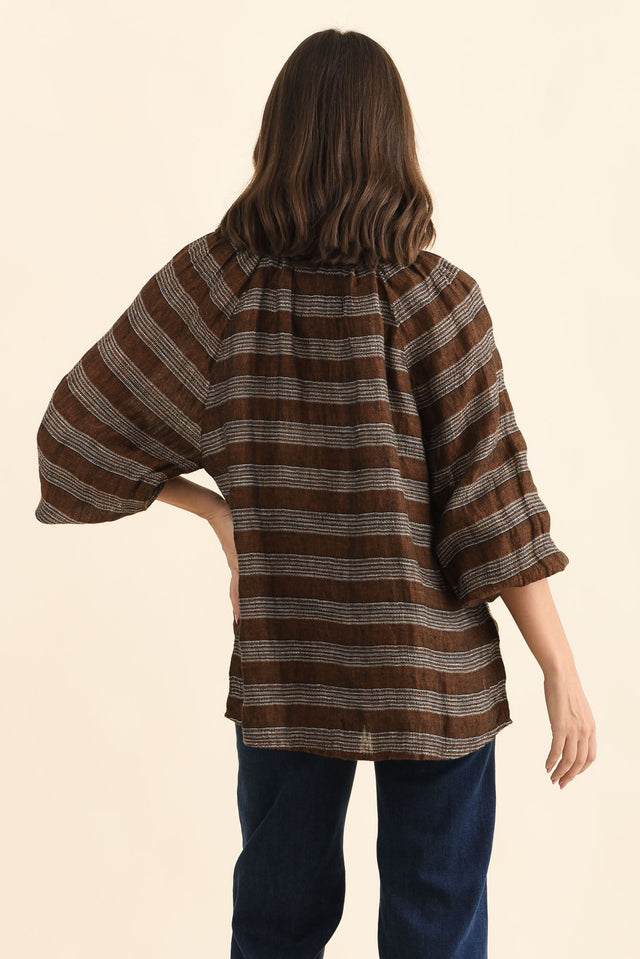 Sussana Bronze Stripe Linen Tie Top,Back,Brunette model,alt text|model:MJ image 4
