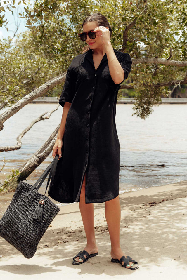 Tahiti Black Cotton Cheesecloth Tie Dress