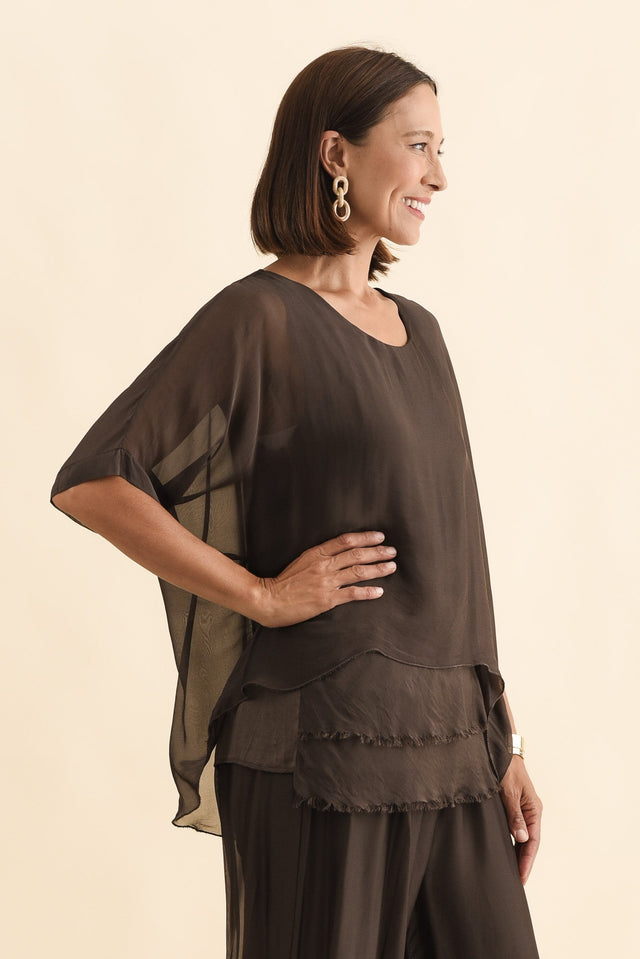 Talia Chocolate Silk Layer Top,Brunette model,alt text|model:Cara image 4