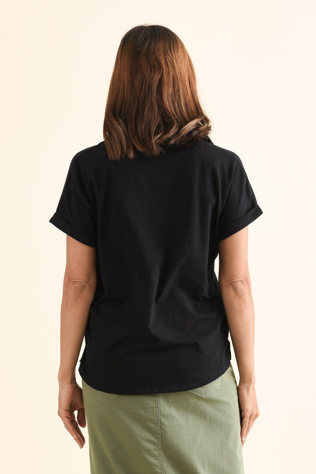 Talli Black Cotton Collared Tee,Back,Brunette model,alt text|model:Cara image 4
