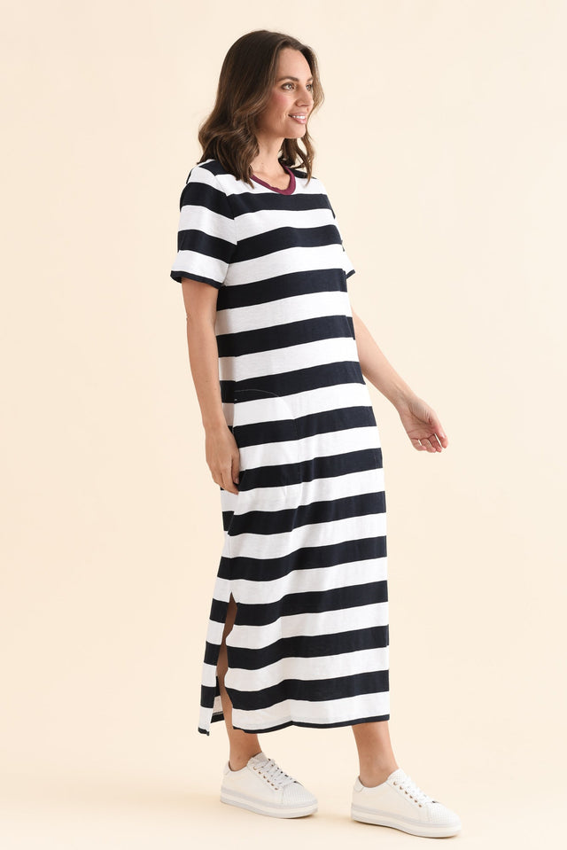 Tallow Navy Stripe Pocket Dress,Side,Brunette model,alt text|model:MJ image 3