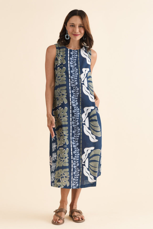 Tamera Navy Motif Organic Cotton Sleeveless Dress,Full Body,Brunette model,alt text|model:Cara image 2