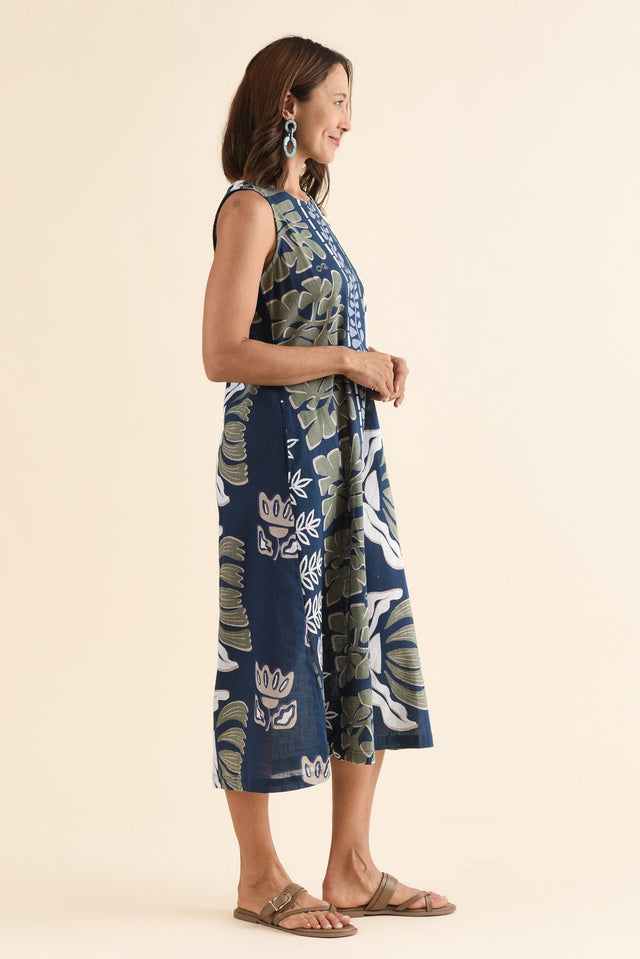Tamera Navy Motif Organic Cotton Sleeveless Dress,Side,Brunette model,alt text|model:Cara image 3
