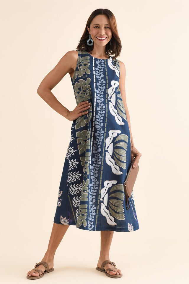 Tamera Navy Motif Organic Cotton Sleeveless Dress,Front,Brunette model,alt text|model:Cara image 1