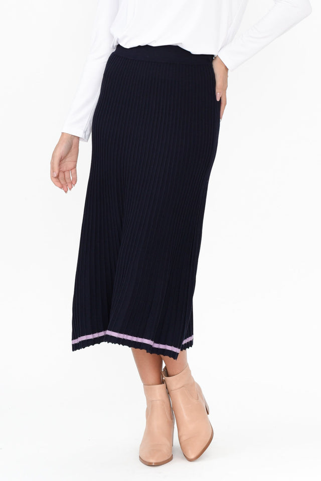 Tammy Navy Knit Skirt length_Midi print_Plain hem_Straight colour_Navy SKIRTS   alt text|model:MJ