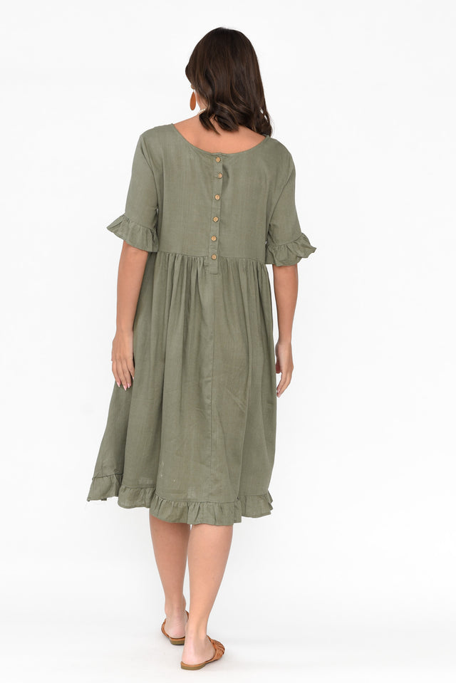 Tamsen Khaki Linen Cotton Ruffle Dress image 4