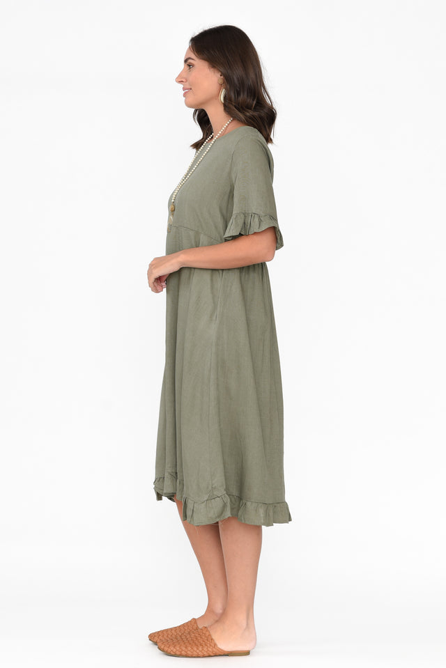 Tamsen Khaki Linen Cotton Ruffle Dress