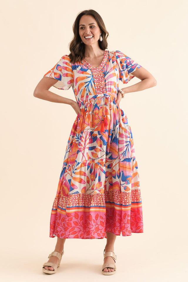 Tango Orange Palm Tie Dress,Front,Brunette model,alt text|model:MJ image 1