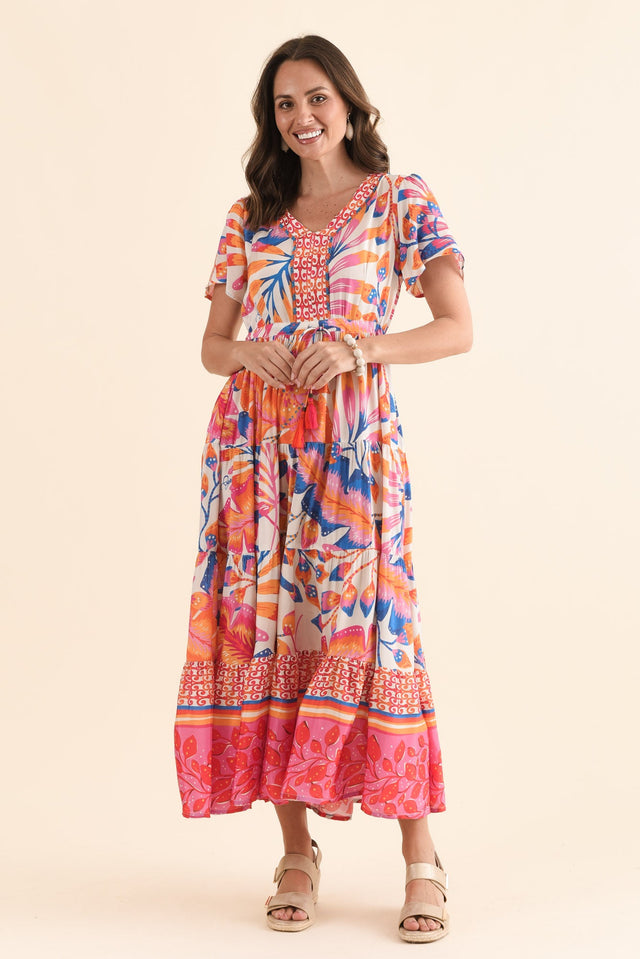 Tango Orange Palm Tie Dress,Full Body,Brunette model,alt text|model:MJ image 2