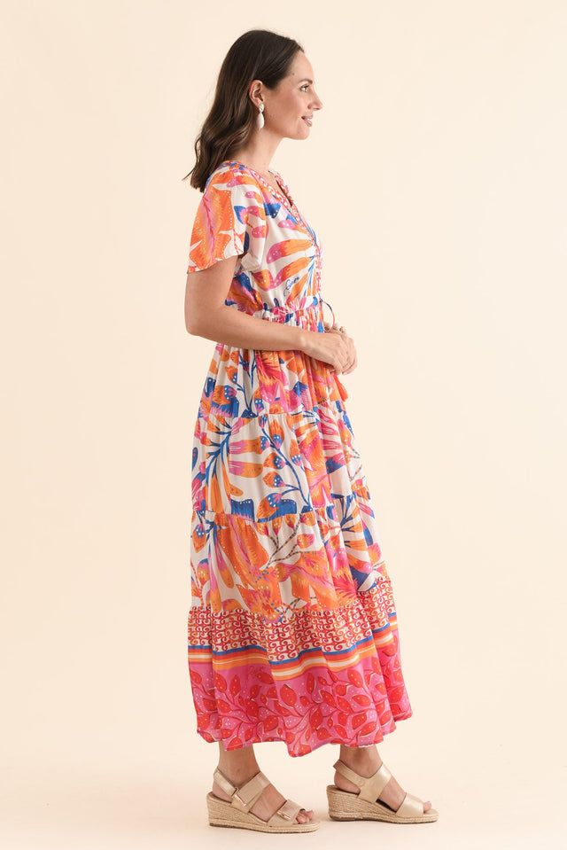 Tango Orange Palm Tie Dress,Side,Brunette model,alt text|model:MJ image 3