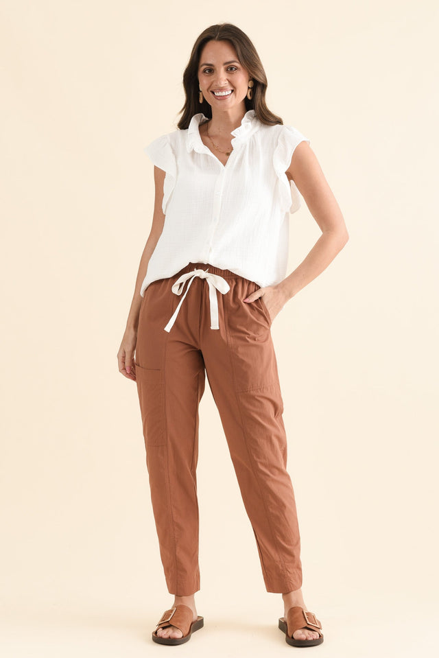 Reva Rust Cotton Drawstring Pants,Full Body,Brunette model,alt text|model:MJ image 2