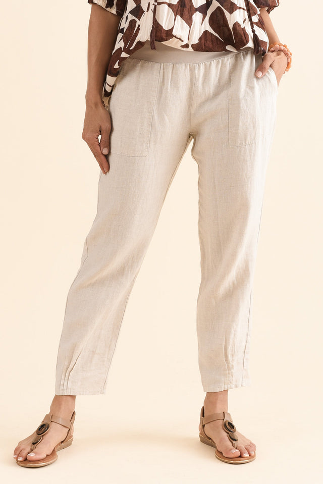 Tatum Beige Linen Pants,Front,Brunette model,alt text|model:Cara