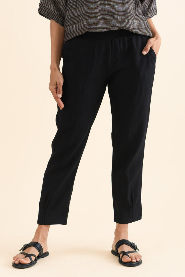 Tatum Black Linen Pants,Front,Brunette model,alt text|model:Cara