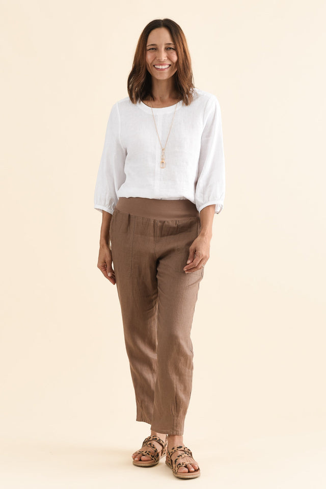 Tatum Mocha Linen Pants,Full Body,Brunette model,alt text|model:Cara image 2