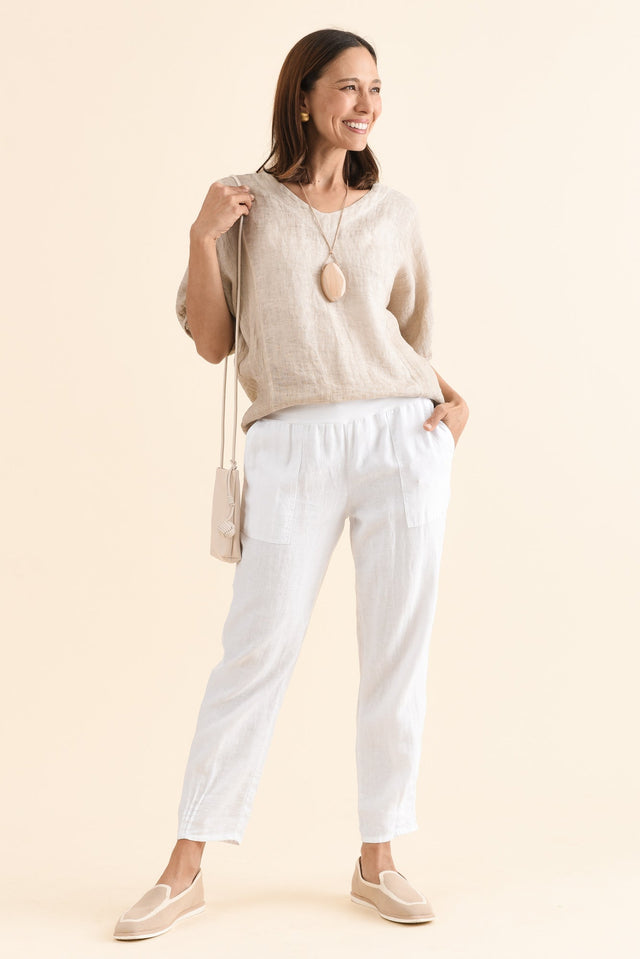 Tatum White Linen Pants,Full Body,Brunette model,alt text|model:Cara image 3