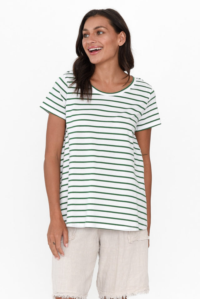 Tegan Green Stripe Cotton Swing Tee neckline_Round  alt text|model:Brontie;wearing:AU 8 / US 4