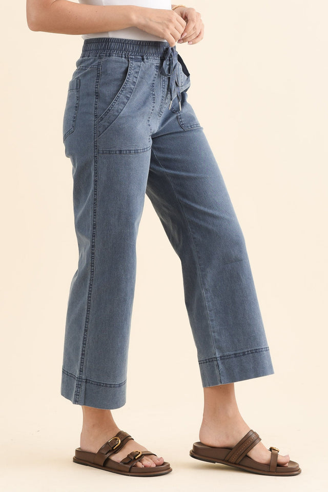Theodore Blue Denim Drawstring Pants,Side,Brunette model,alt text|model:MJ image 4