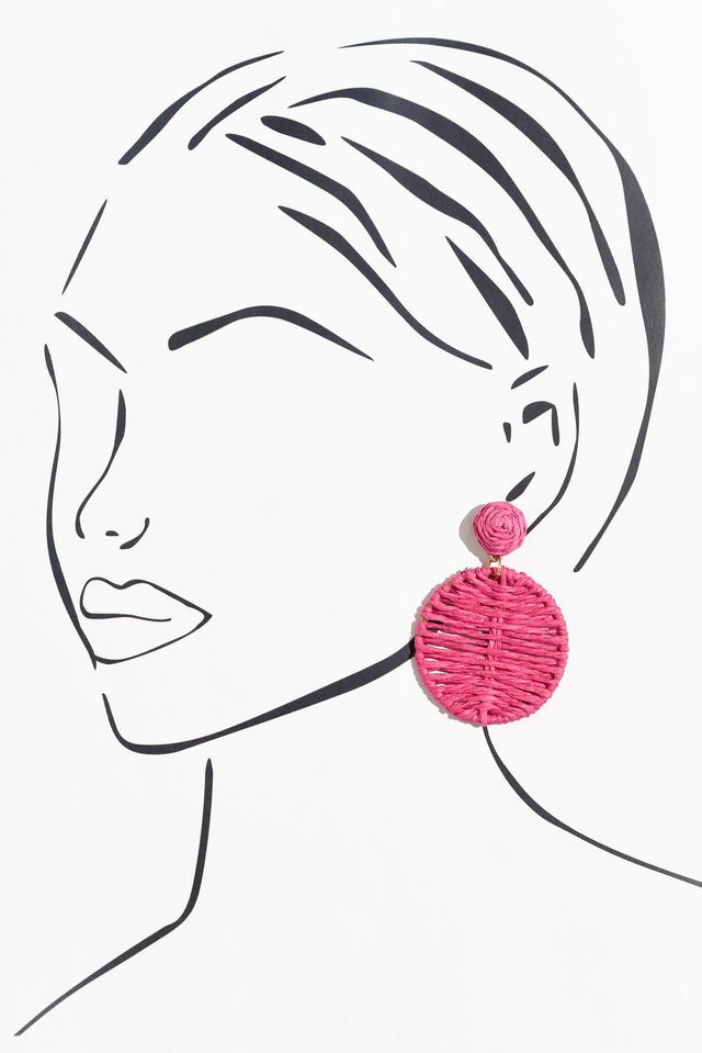 Theora Hot Pink Rattan Disc Earrings image 2