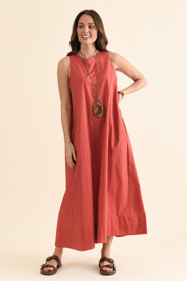 Tia Coral Cotton Pocket Dress,Front,Brunette model,alt text|model:MJ