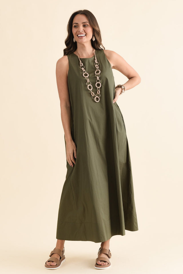 Tia Khaki Cotton Pocket Dress,Front,Brunette model,alt text|model:MJ