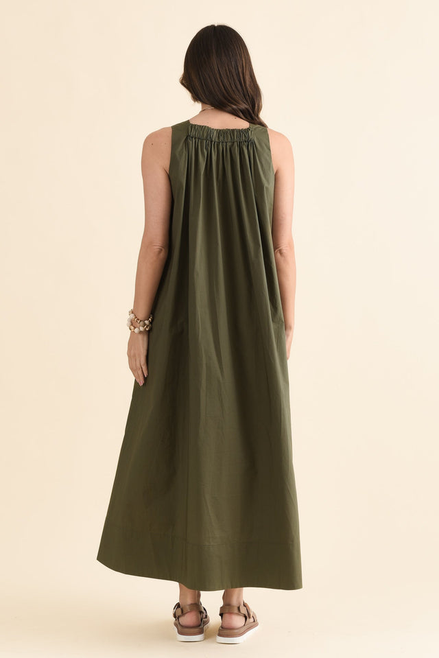 Tia Khaki Cotton Pocket Dress,Back,Brunette model,alt text|model:MJ image 4