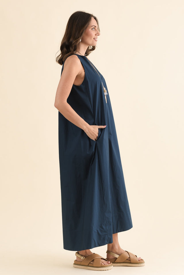 Tia Navy Cotton Pocket Dress,Side,Brunette model,alt text|model:MJ image 3