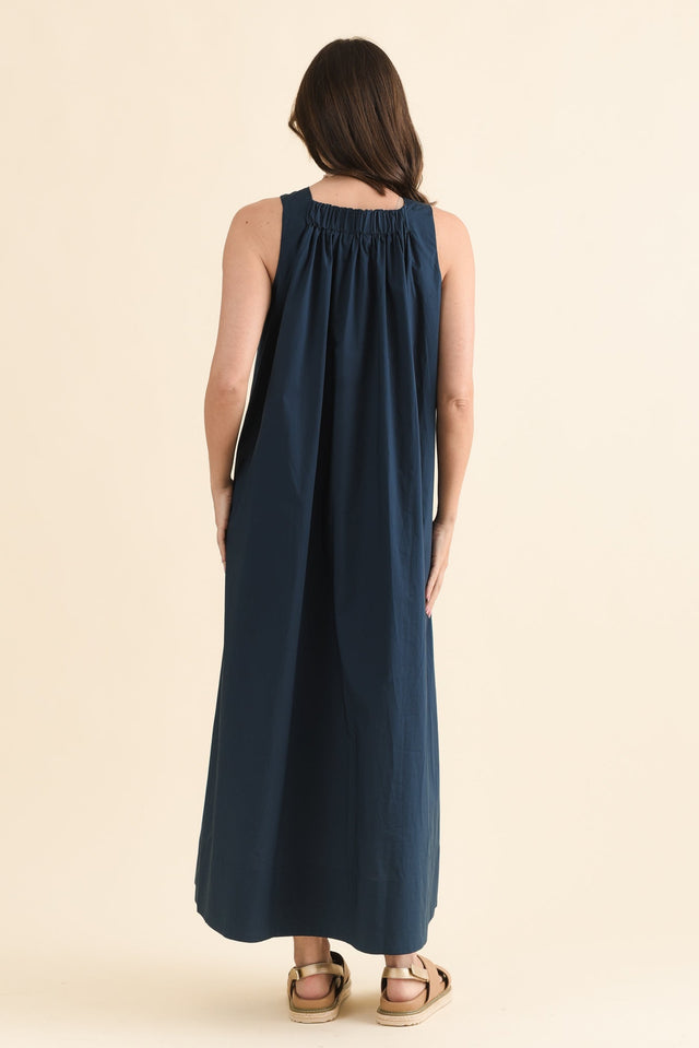 Tia Navy Cotton Pocket Dress,Back,Brunette model,alt text|model:MJ image 4