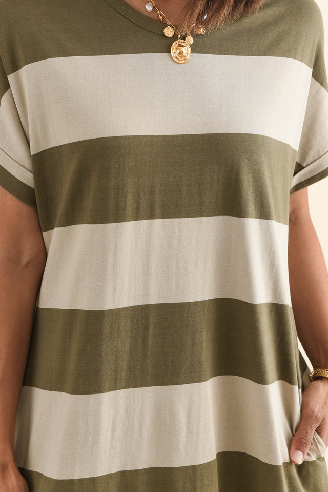 Tiarna Khaki Stripe Cotton Dress,Detail,Brunette model,alt text|model:Cara image 5