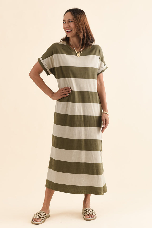 Tiarna Khaki Stripe Cotton Dress,Full Body,Brunette model,alt text|model:Cara image 6