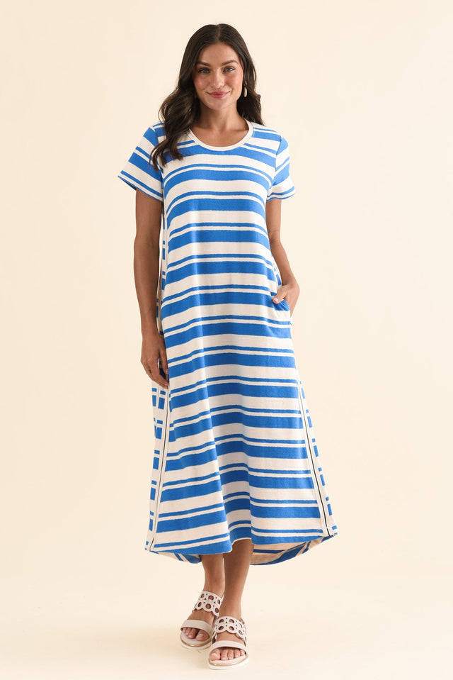 Tides Blue Stripe Cotton T-Shirt Dress,Full Body,Brunette model,alt text|model:Brontie image 3