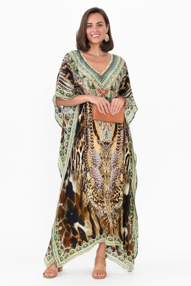 Tiger Brown Silk Maxi Kaftan hem_Curved length_Maxi sleeve_Half neckline_V Neck sleevetype_Batwing print_Animal colour_Multicolour DRESSES   alt text|model:MJ