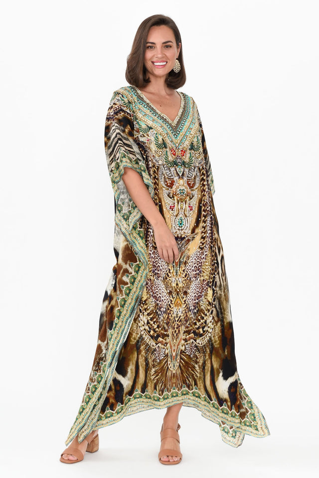 Tiger Brown Silk Maxi Kaftan