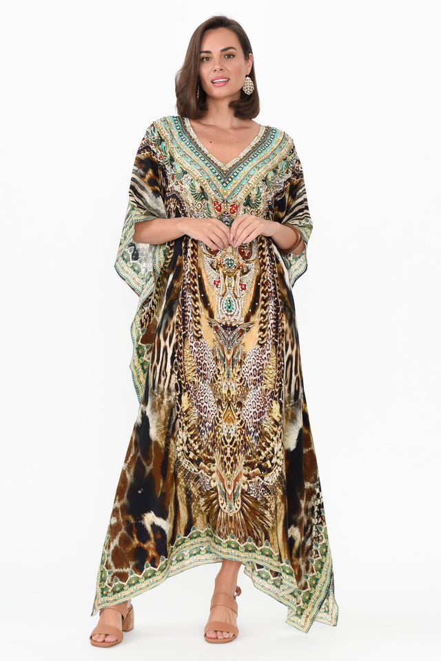 Tiger Brown Silk Maxi Kaftan