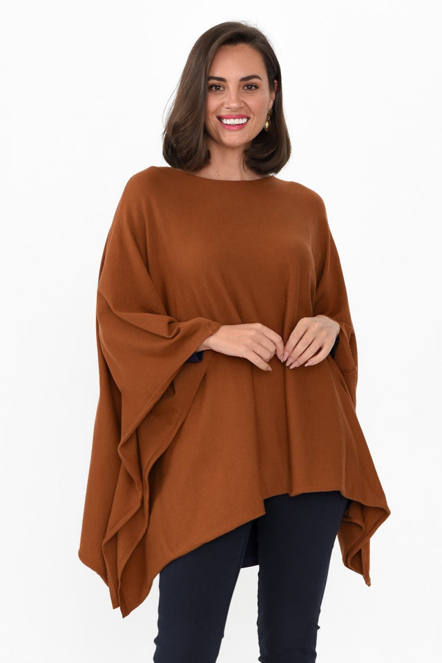 Timothy Tan Cotton Stretch Poncho print_Plain length_Hip sleeve_3/4 hem_Hi Lo sleevetype_Batwing colour_Brown COATS & JACKETS  alt text|model:MJ;wearing:One Size image 1