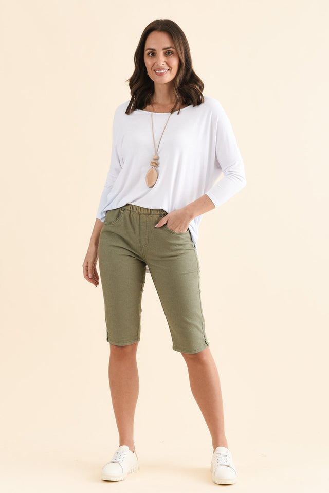 Tora Khaki Stretch Shorts,Full Body,Brunette model,alt text|model:MJ image 3