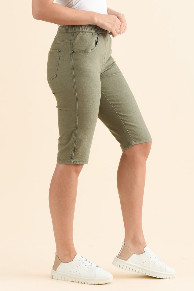 Tora Khaki Stretch Shorts,Side,Brunette model,alt text|model:MJ image 5