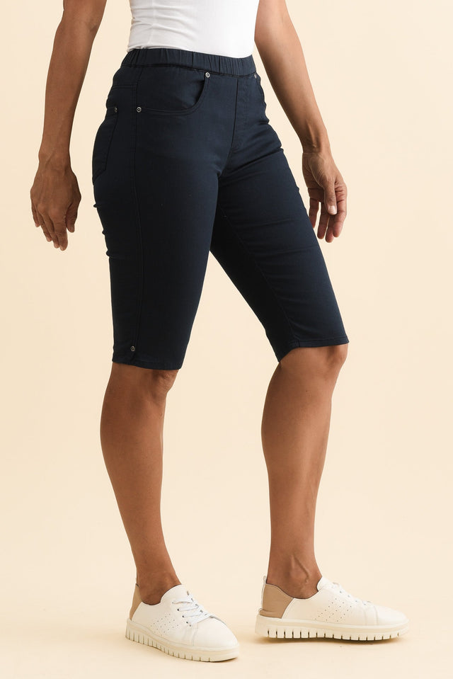 Tora Navy Stretch Shorts,Brunette model,alt text|model:Cara image 4