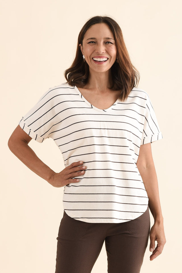 Toronto Cream Stripe Cotton Tee,Front,Brunette model,alt text|model:Cara