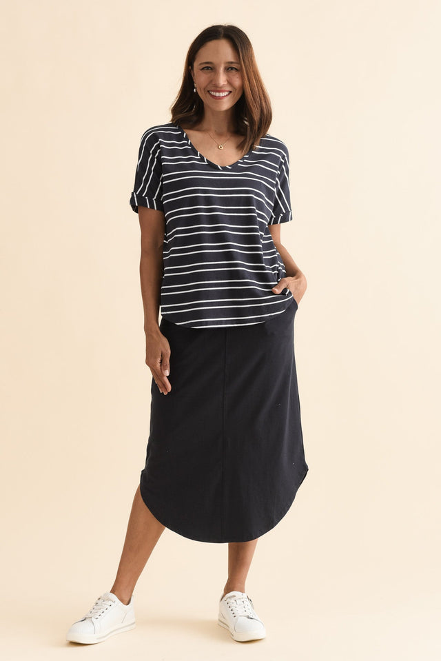 Presley Navy Cotton Shirred Skirt,Full Body,Brunette model,alt text|model:Cara
